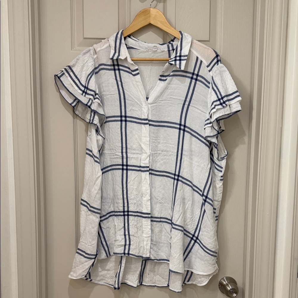 Jane and Delancey White Button-Down Shirt with Navy Windowpane